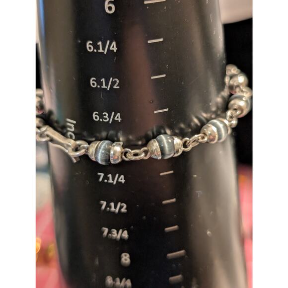 Vintage Gray Cat's Eye Glass Bead 925 Sterling Silver Hook Clasp Bracelet - Picture 5 of 7